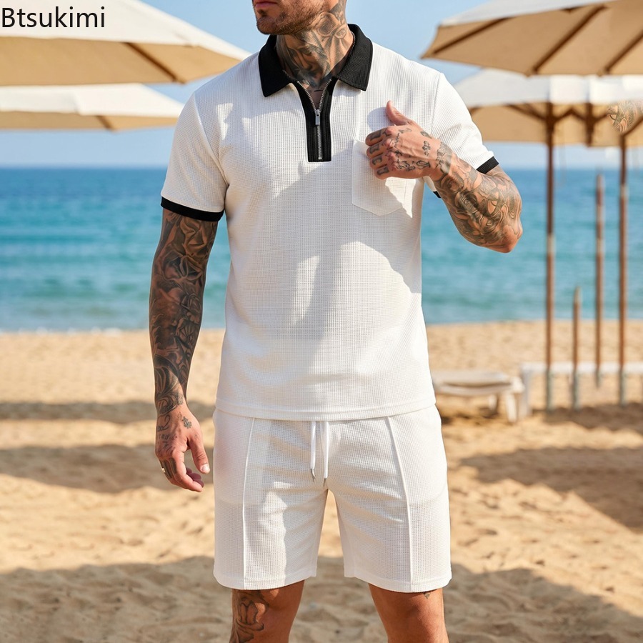 Summer Clothing Wear - Męski zestaw polo z waflowym kołnierzykiem,