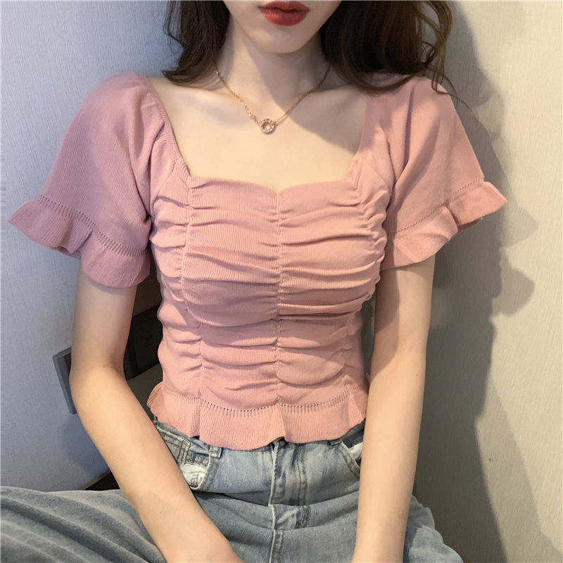 Summer Clothing For Teens - Dzianinowa Bluzka Damska z Falbankami Młodzieżowa